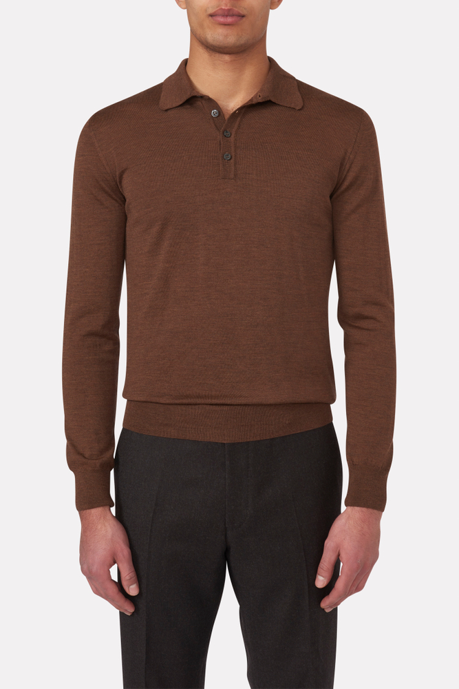 Regular Fit Extra Fine Merino Wool Poloshirt Brown Oscar Jacobson