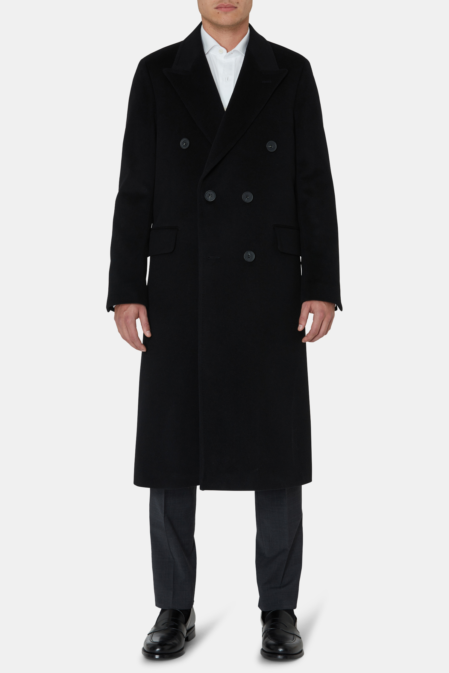 Regular Fit Double Breasted Brushed Wool Peacoat - Black