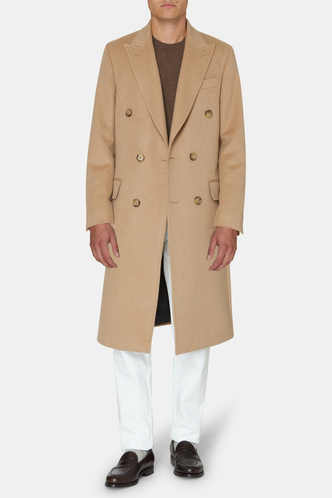 Slim Fit Dubbelknäppt Borstad Kamelhårsrock