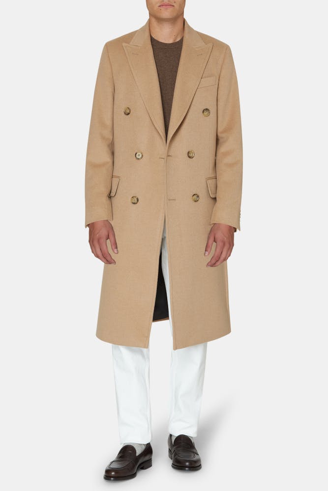 Slim Fit Dobbeltspent Børstet Kamelhårsfrakk