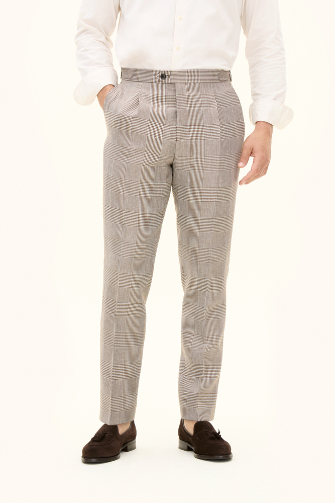 Regular Fit Højtaljet Hør Glencheck Bukser