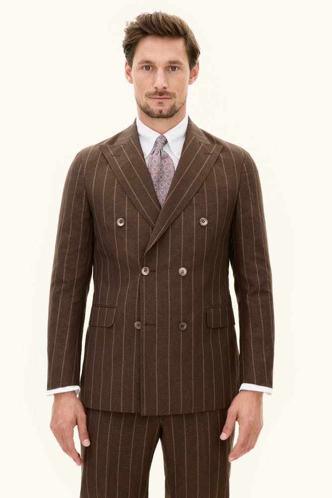 Regular Fit Double Breasted Striped Linen Wool Blazer