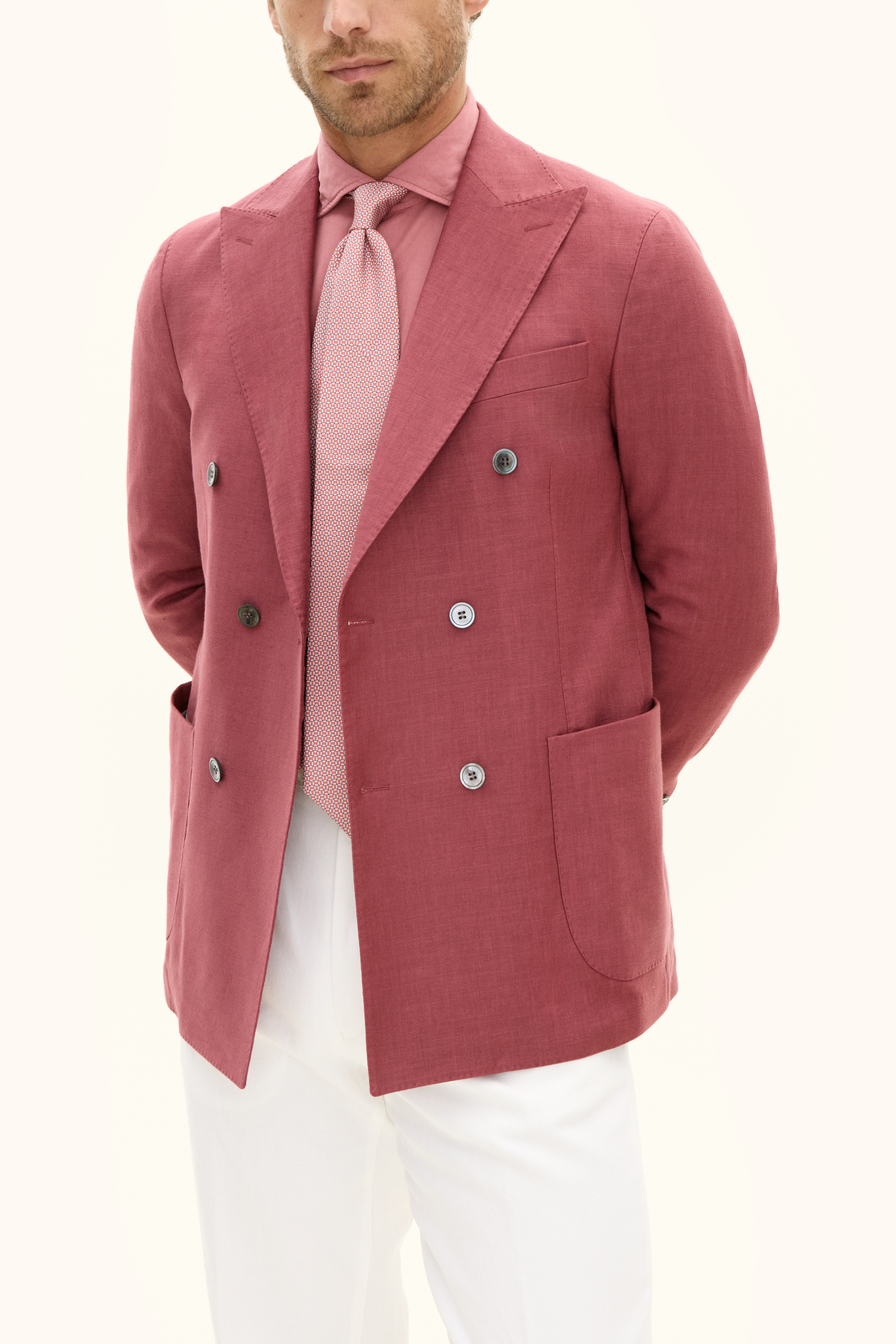 ジャケット・アウター [21AW] PE TWILL DOUBLE BREASTED JACKET Regular Fit Double Breasted Linen Twill Blazer - Pink