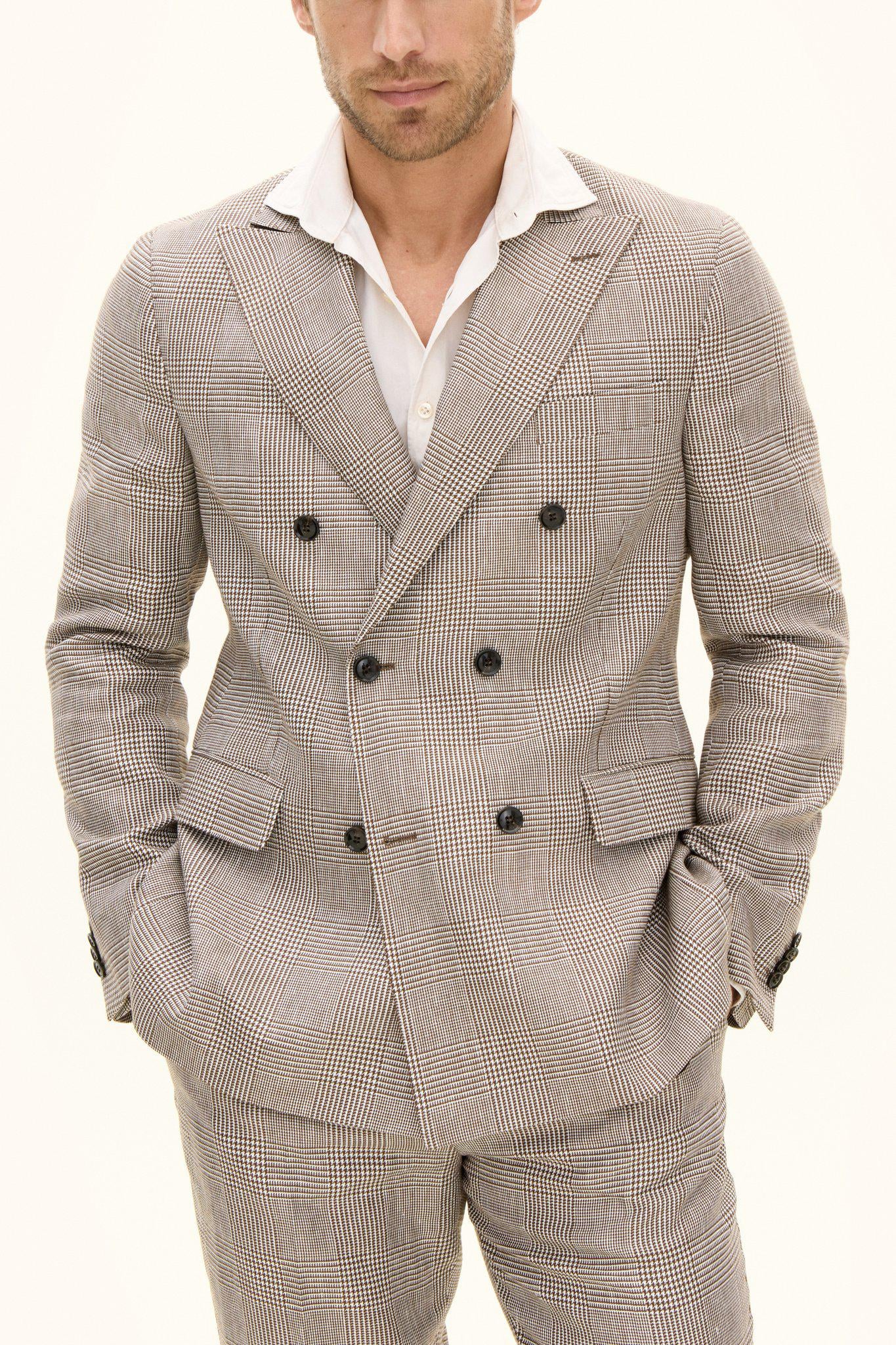Regular Fit Double Breasted Linen Glencheck Suit - Beige | Oscar
